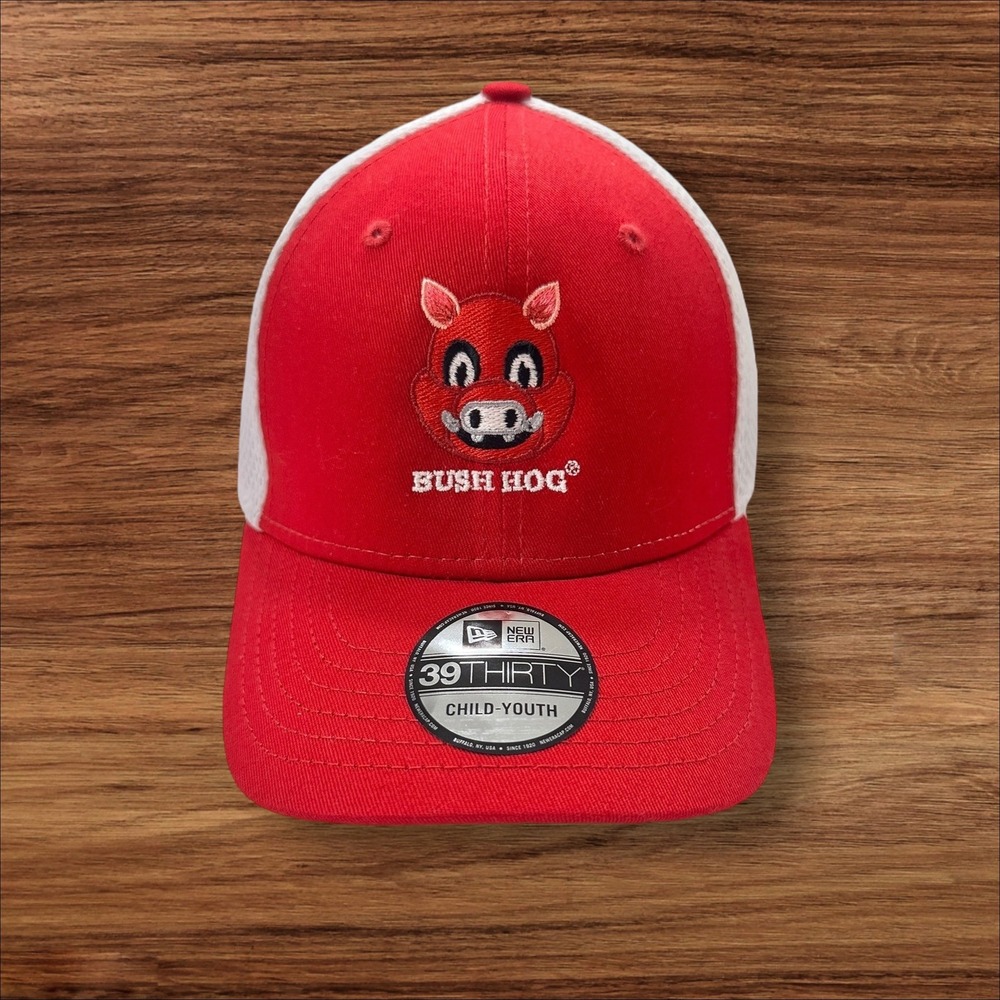 New Era Bush Hog Youth‎ Hat 39THIRTY Red White Trucker Cap